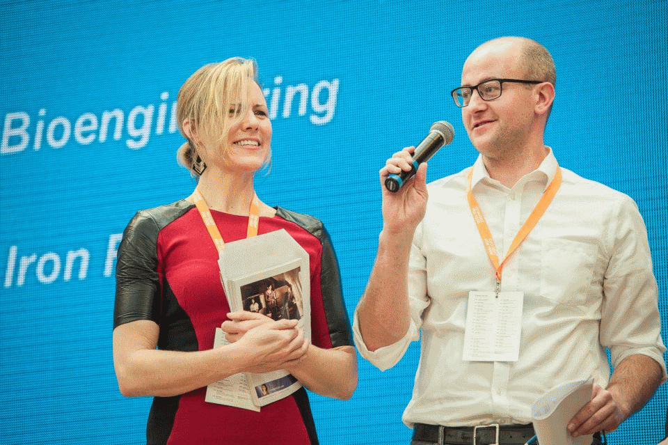 Up on stage with judge Sara Farley at the Thought for Food summit, sharing my thoughts on the teams - such incredible energy! Photo credit: Miguel Quesada, Thought for Food